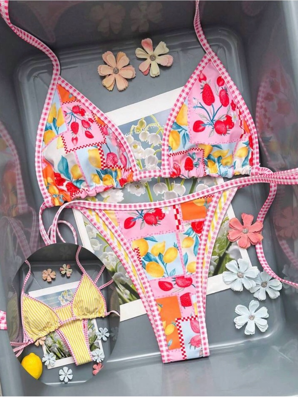 Pink Gingham Tropical Fruit Print Triangle Bikini Reversible